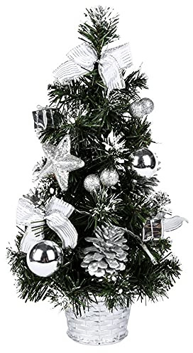 FUNLOV 40CM Mini Tabletop Christmas Tree With LED Lights Small Artificial Xmas Tree Decor Mini Desktop Ornaments Tree Fit for Office Living Room Kitchen Windowsill (Silver)