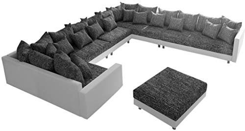DELIFE Couch Clovis XXL Weiss Schwarz mit Hocker u. Armlehne Ottomane Rechts
