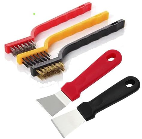 Juego de 5 cepillos de limpieza de estufa de cocina + raspador, rascador resistente para quemadores de gas, ollas, sartenes, herramientas de latón, herramientas de frutas y verduras, herramienta