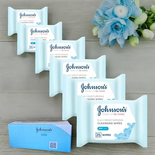 6 x 25Wipes Johnson's Makeup Remover Face Wipes Bulk Multipack, Moisturizing Cleansing for Dry Skin, Bundle by Krishna Stores Ltd(Total 150Wipes)