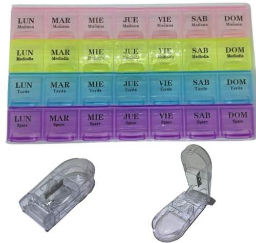Pastillero semanal 3 tomas 28 compartimentos en español|Dosificador de pastillas|Organizador de pastillas y Cortador de Pastillas|Organizador de Pastillas de Viaje o Vacaciones|Pastillero mensual