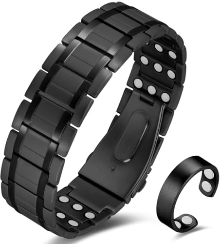 Cigmag Magnetarmband Herren Reines Titan Armband Dreireihig Faltschließe | ultrastarke Magnete, verstellbar, wasserdicht, 3500 Gauss, schwarz, inklusive Magnetring, Einstellwerkzeug und Geschenkbox
