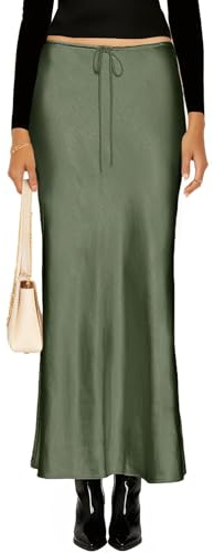 VividHarbor Falda larga de satén con cordón para mujer, cintura alta, de seda, acampanada, con vuelo, Verde militar, XL