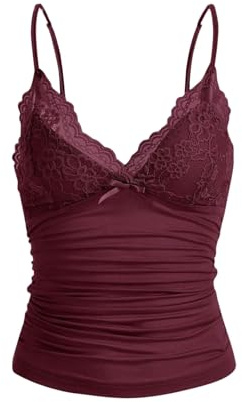 LOFAAC damer sexig Y2K V-ringad spets lapptäcke cami-skjorta söt smal passform ärmlös spagettiremmar gå ut camisole tank, vin, S