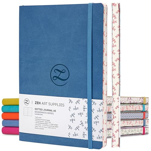 ZenART Supplies A5 Bullet Dotted Journal - Enjoy Bullet Journaling with a Soft Cover, Non-Bleed Thick 120gsm Paper, Dot Journal in Blue, Japanese Edge Motif - Faux Leather Lay Flat Dot Grid Notebook