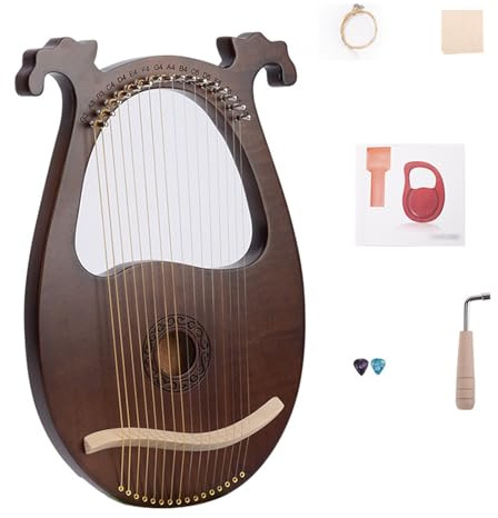 LVYUDS Klassisch Griechenland Lyre Harfe 16 Saiten Tragbar Harfe Instrument Massivholz Geweih Box-Typ Resonanzkammer Schoßharfe Party Konzerte Stimmen Schraubenschlüssel(Dark brown-round)