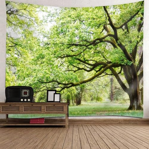 Musihy Natur Wandteppich | Polyester Frühlingsbäume Wanddeko für Schlafzimmer Wohnzimmer | Grün, 350x256cm