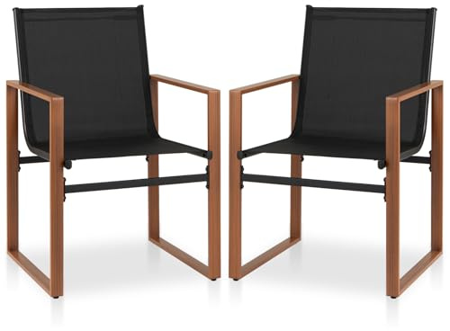 COSTWAY 2er Set Gartenstühle, Terrassenstühle mit atmungsaktiver Sitzfläche und Metallrahmen, Balkonstühle, Outdoor-Stühle bis 150 kg belastbar, für Garten, Balkon, Veranda (Schwarz)