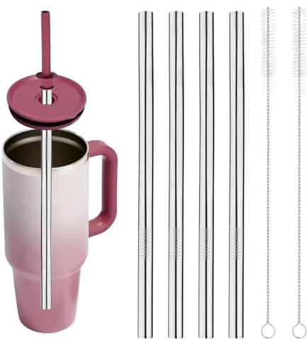 4pcs Stainless Steel Straw Replacement Compatible with Hydroflask Travel Tumbler Cup 40oz, Part Accessories for Hydro Flask Bottle 40oz with 2 Straw Cleaner Brush Reusable Metal Straws