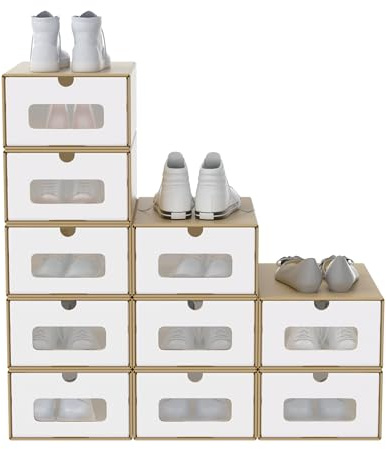 SUBTLETY 10 Stück Schuhboxen Pappkarton Schuhkiste mit Sichtfenster Klappbare Schuhschachtel aus Kraftpapier Stapelbar Schuhkarton Aufbewahrungsbox Schuhschlitze für Schuhe bis zu Größe 46 (Braun)