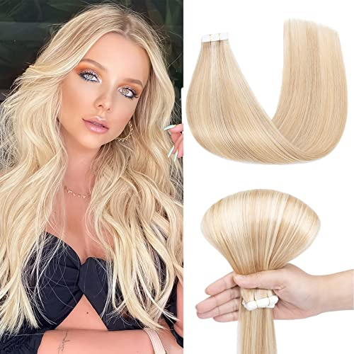 Benehair Extensiones de Cabello con Cinta Adhesiva, Invisibles Extensiones de Cabello, 10pcs 25g Extensiones de Cabello Humano, Extensiones Adhesivas Pelo Natural, 45CM Mechas Rubias Rubio Blanqueado