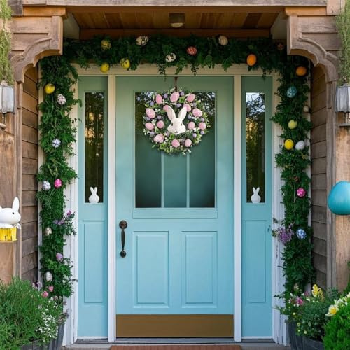 Sunfashion Osterhasen,Fensterdeko Hängend Türkranz Ganzjährig Osterdeko Zum Aufhängen Trockenblumen Kranz Deko Frühling Fenster Kunstblumen Ostern-Türschild,Hasenschwanz Und -Ohren Als Kranzdekoration