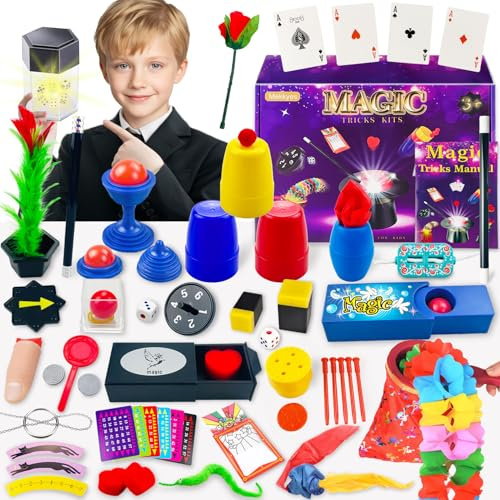Mekkyes Zauberkasten - 80+ Zaubertricks Set für Kinder mit Zauberstab und Vielen Weiteren Utensilien, Lerne Einfach Zaubertricks und Illusionen, Weihnachts Geschenke für Kinder ab 3 Jahren