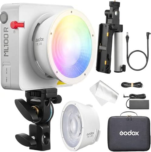Godox ML100R Kit2 Full Color RGB LED-videolampa med 15° och 36° utbytbar objektivreflektor, NP-F-batterihandtag, 1800-10000K CCT, 14 filmiska FX-effekter och kontroll