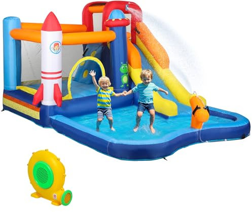 AIYAPLAY Hüpfburg mit Gebläse, Rutsche, Planschbecken, Kletterwand, Sprung, Wasserkanone, Aufblasbare Springburg mit Tragetasche für Indoor Outdoor für Kinder von 3-8 Jahren, 360 x 250 x 195 cm