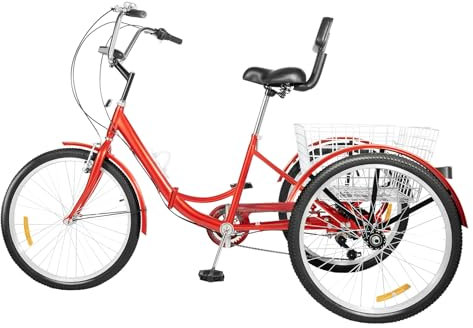 WINPANG Dreirad für Erwachsene,24 Zoll Fahrrad mit Korb Faltbares 3-Rad Fahrrad Hochwertiger Kohlenstoffstahl Rot 7-Gang Schaltung LED-Beleuchtung 120kg Traglast​