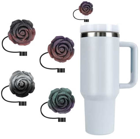 6PCS Straw Covers Cap for Stanley Cup, 10mm Silicone Straw Toppers, Reusable Tumbler Accessories Compatible with 10mm Straw for Women Girls Gifts (Black Rose)