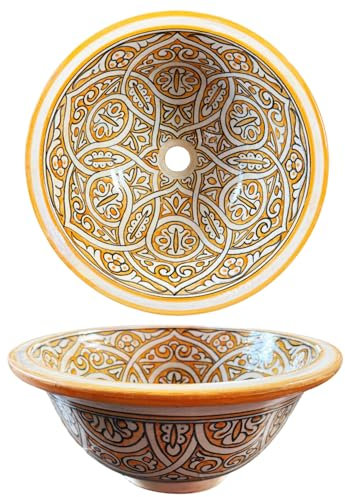 Marrakech Lavabo en céramique marocaine peint à la main Ø 40 cm | Lavabo à poser motif 010 | Pièce unique pour salle de bain et WC d'invités | Vasque méditerranéenne ronde robuste, facile d'entretien