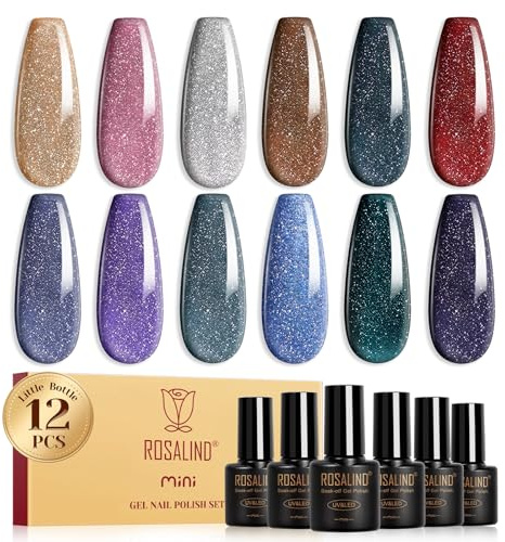 ROSALIND Smalto Semipermanente Glitter 12 Colori Glitterato Marrone Argento | Rosa Nero Rosso Viola Smalti Semipermanenti per Unghie Glitter,Mini UV/LED Brillantini Smalto Gel Unghie Nail Art Manicure