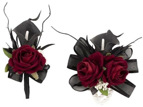 Floinla Black Burgundy Corsage and Boutonniere Set for Wedding Prom, Artificial Calla Lily Rose Flower Wrist Corsage Bracelets, Homecoming Wristlet, Boutonniere for Men Suit Decorations