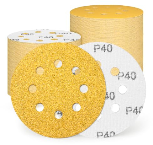 50 Pcs 125mm Sanding Discs Pads, Premium 8 Hole 40 Grit Hook and Loop Sandpaper Sheet for Random Orbital Sander