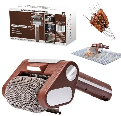 Cepillo limpiador de parrilla de carbón inalámbrico con LED, cepillo limpiador eléctrico de acero inoxidable giratorio de 360° recargable para rodillo de perro caliente, apto para lavavajillas