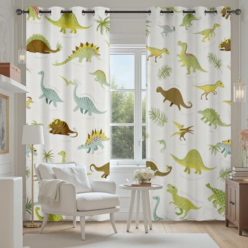 Tyafsgvqo Jurassic Dino Vorhange Blickdicht 2er Set, Niedlich Dinosaurier | Gardinen mit Ösen Cartoon Tiermotiv Verdunklungsvorhänge 90 cm Lang 65 Breit Thermovorhang Wohnzimmer Schlafzimmer
