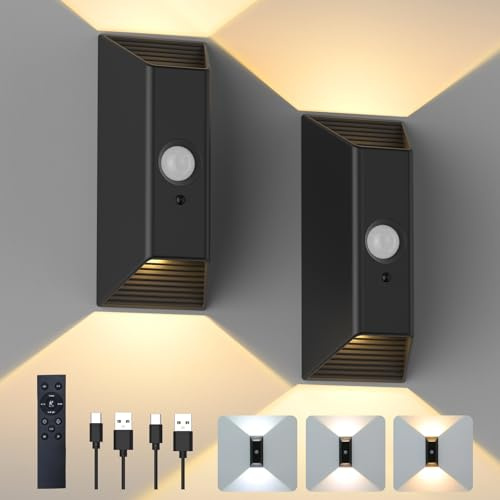 JVURICE Wandlampe mit Bewegungsmelder Innen,Stufenlos Dimmbar | LED Akku Wandleuchte mit Fernbedienung, 3 Farbtemperaturen Up and Down Licht, 2 Stück Schwarz für Schlafzimmer Flur Bad
