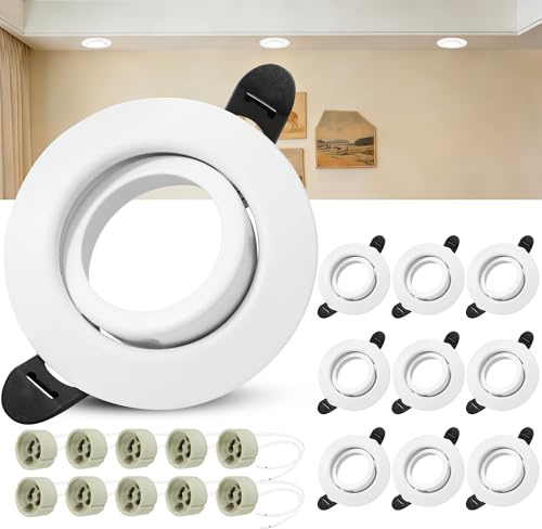 Laiebri 10er Einbaustrahler GU10 Set, 45° Schwenkbar Einbaurahmen 68mm mit GU10 Fassung, Rund LED Spots 230V Ultra Flach Deckenspots Weiß, Einbauspots Einbauleuchten Rahmen für LED oder Halogen