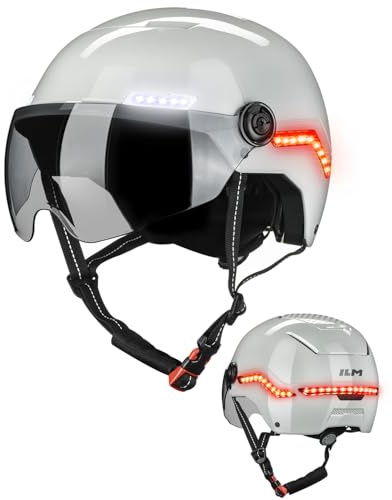 ILM Smart Bike Helmet Men Women Automatic G-Sensor Turn Signal & Brake Warning Cycle Helmets with Visor Front Side Rear LED Lights Road Cycling Model MB101L,Beige Gray,L/XL