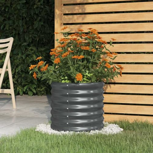 YUTAASU Fioriera Rialzata Rotonda in Acciaio Zincato Antracite 40x36 cm per Piante e Orto, Vassoio Profondo per Coltivazione Erbe Aromatiche, Struttura Robusta