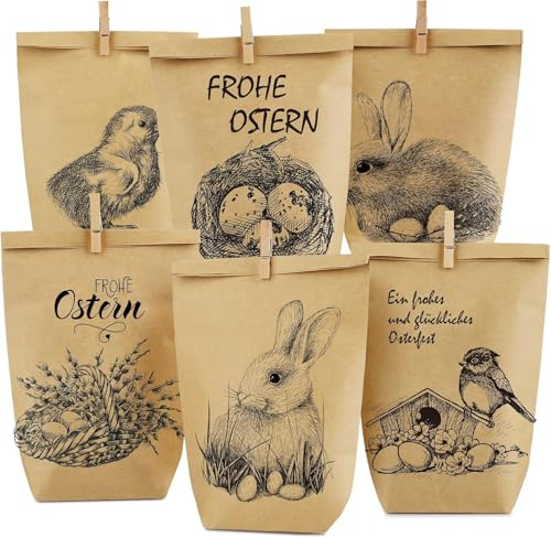 Geschenktüten zu Ostern, 24 Bedruckte Ostertüten zum Befüllen, Osterhase Papiertüten Set für Osternest Dekoration und Geschenk Mitgebsel, zum Verpacken von Geschenken für Kinder und Erwachsene