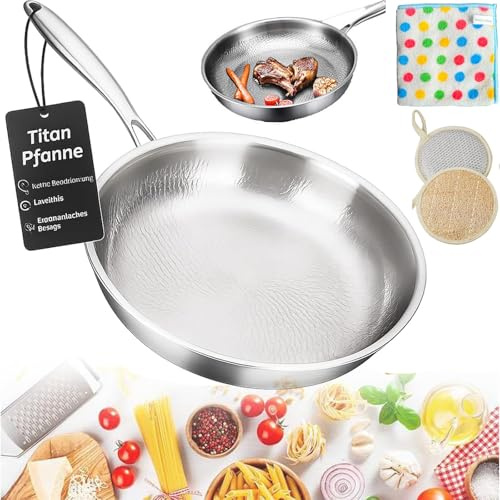 Sarten Titanio Puro, Sartén de Titanio Antiadherente sin Recubrimiento, 20/24/26/28/30cm wok titanio Martillado, Fondo de Olla de 5 Capas, Robusta Multifuncional por Induccion (Sin tapa,28 cm)