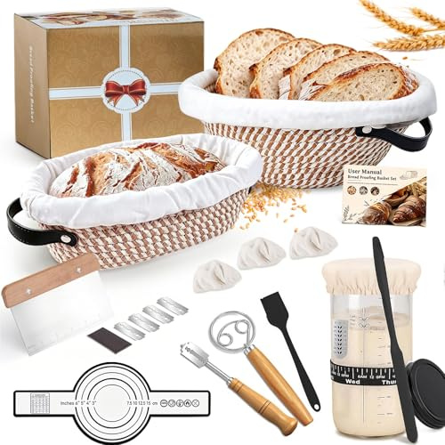 Biigdan Kit per Pasta Madre 21 Pezzi con Cestini Pieghevoli in Cotone Ovale da 25cm e Rotondo da 23cm, Set per Pane con Barattolo di Vetro 650ml e Accessori, per Principianti ed Esperti