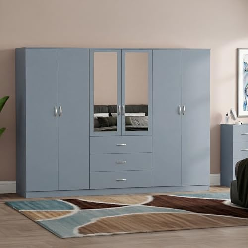 Vida Designs 6 Door 3 Drawer Mirrored Wardrobe | Grey | Bedroom Furniture | 175H x 230W x 54D cm | With Storage Shelf & Hanging Rail | Large Capacity Storage