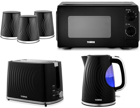 Tower Sonar Black Kitchen Appliance and Storage Set – 1.7L Rapid Boil Kettle, 2 Slice Toaster, 20L 800W Manual Microwave T24044BLK and Tea Coffee Sugar Canisters