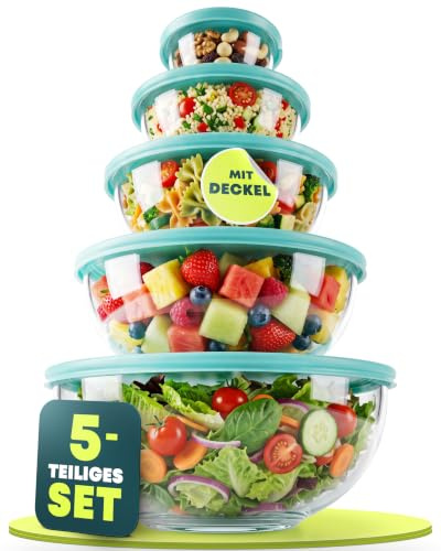uandu Salatschüssel mit Deckel 10-teilig – Rührschüsseln aus Glas | 5 Schüsseln + 5 Deckel, 189–3312 ml, Borosilikatglas, BPA-frei, Stapelbar, Mikrowellen- & Spülmaschinengeeignet