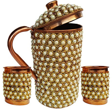 Rastogi artigianali in rame puro brocca brocca drink Ware set stoviglie da tavola esterno decorato regalo di Natale Pearl Jug 2 Glass