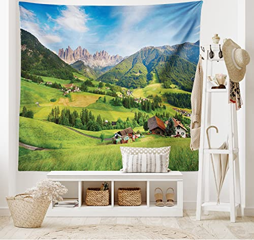 ABAKUHAUS Berg Wandteppich, Alpen im Frühling, Wohnzimmer Schlafzimmer Heim Seidiges Satin Wandteppich, 200 x 150 cm, Grün und Blau