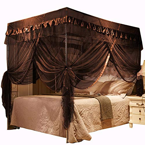 Mengersi Betthimmel für 4 Eckpfosten, Bettvorhang für Erwachsene, Netz, Schlafzimmerdekoration, für Queensize-Bett, kaffeebraun