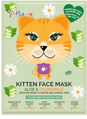 7 th Heaven - Mascarilla de Tela Calmante - Kitten Face Mask - 1 Ud. - Limpieza e Hidratación Facial - Enriquecida con Pepino y Aloe Vera - Diseño de Gato - Todo Tipo de Pieles - 100% Vegana