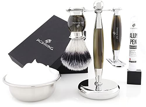 Jag Shaving Shaving Kit - 3 Piece Shaving Set - Jag's Lee Range -Double Edge Shaving Blade Shaving Razor - Synthetic Silvertip Shaving Brush - Elegant Shaving Stand - Green Horn Imitation