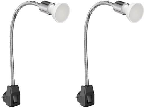 ledscom.de 2 Stück Steckdosenlampe LESCH Leselampe Schwanenhals, Schalter, chrom/schwarz + LED Lampe 450lm warm-weiß