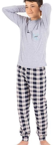 LOREZA ® Pyjamas för pojkar, långärmad, bomullsset, tvådelad pyjamas, hemmadräkt, Modell 1 grå, 164/170 cm