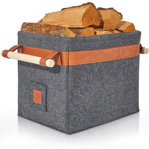 OAKAGE® Holzkorb für Kaminholz Groß [Integrierter Metallrahmen für Zusatzstabilität] Kaminholzkorb Filz Feuerholzkorb Brennholzkorb Kaminkorb Filzkorb | Korb Dunkelgrau