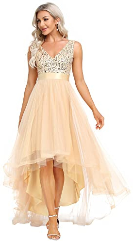 Ever-Pretty Abito da Cerimonia Donna Stile Impero Corto Davanti Lungo Dietro Scollo a V Petto Basso Linea ad A Senza Maniche Vestiti da Damigella Oro 40EU