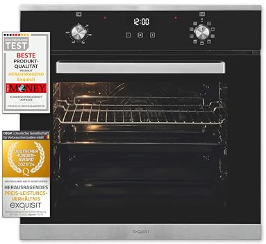 Exquisit Einbaubackofen EBE76-9-H-020 Inox - 75l Garraum - Umluft & Grill | 60cm Backofen mit Heißluft, Pizzastufe und Touch-Display. Energieklasse A, inklusive Backblech und Grillrost in Silber.