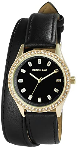 Excellanc Damen-Uhr Wickelarmband Kunstleder Dornschließe Simili Analog Quarz 1900292 (schwarz)