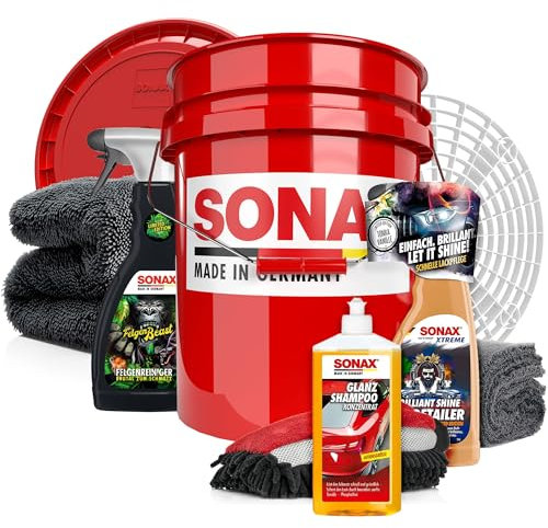 Autowäsche Set - SONAX: Autoshampoo Glanz Shampoo Konzentrat - SONAX Wascheimer mit Deckel & Schmutzfalle, Waschhandschuh mit Insekten Mesh - Autoreinigungsset Aussen