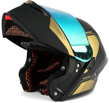 Orthrus Modular LED Full Face Motorcycle Helmet - DOT Approved Flip-Up Dual Visor Sun Shield & Bluetooth Ready for Adults Men Women - Street Bike/Motocross (Dobermann Gold, L)